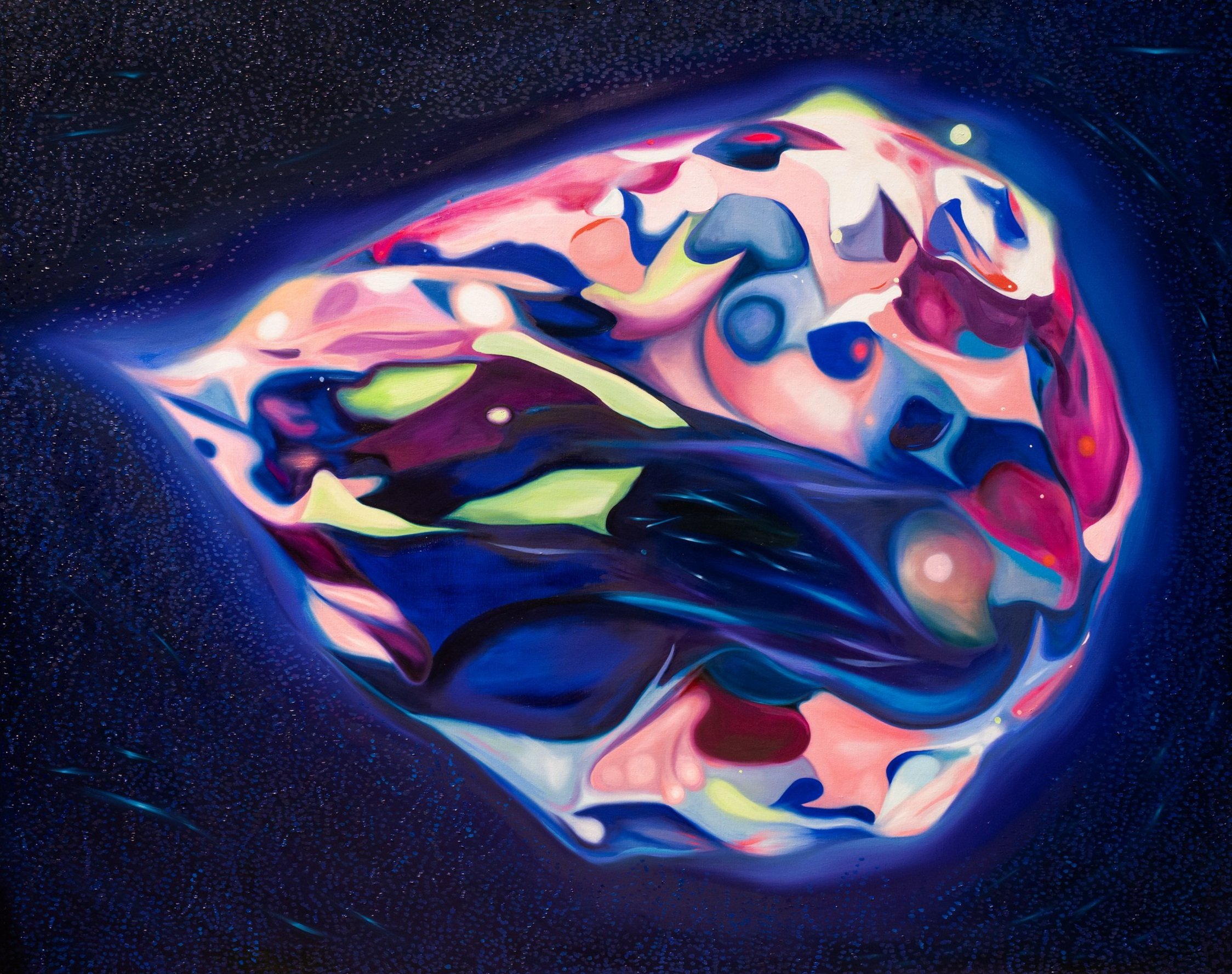 Tan Mu, Epithelial Cells, 2024. Detail of color clusters and dot background.