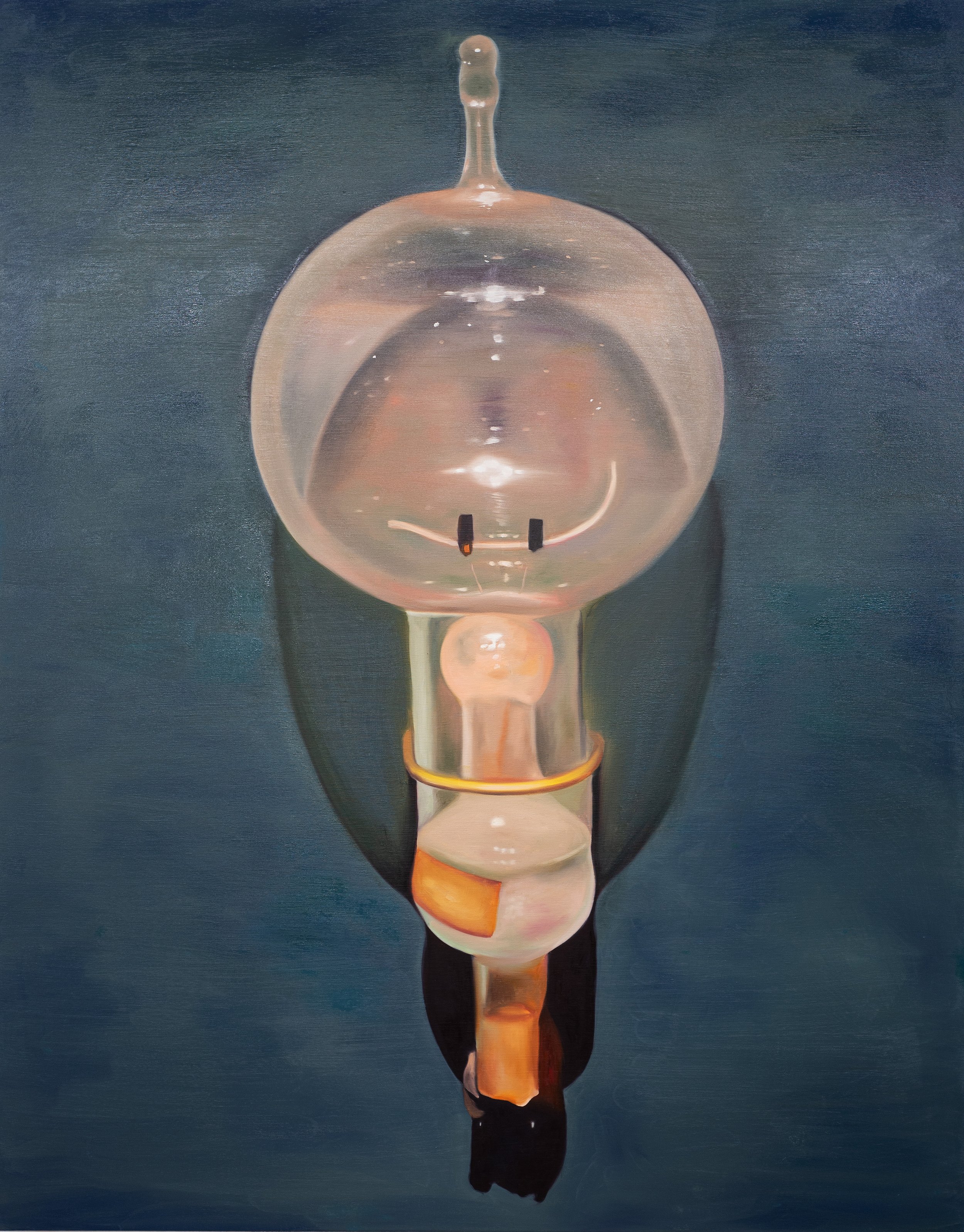 Illuminate, 2022, detail showing the carbon filament and glass envelope with warm orange-yellow glow