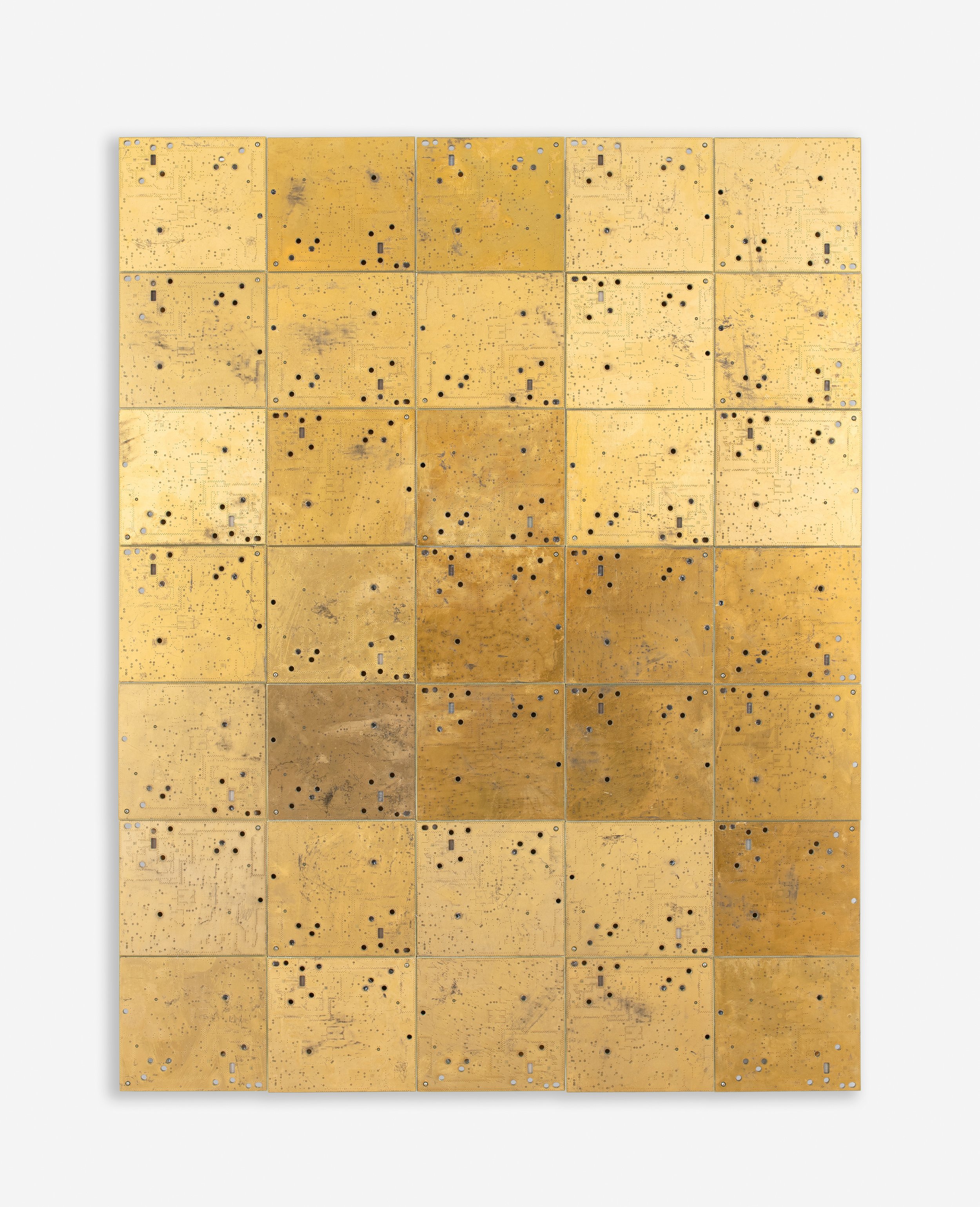 Tan Mu, Mapping, 2021. Gold-plated circuit boards on wood panel, 63.5 x 49.5 cm.