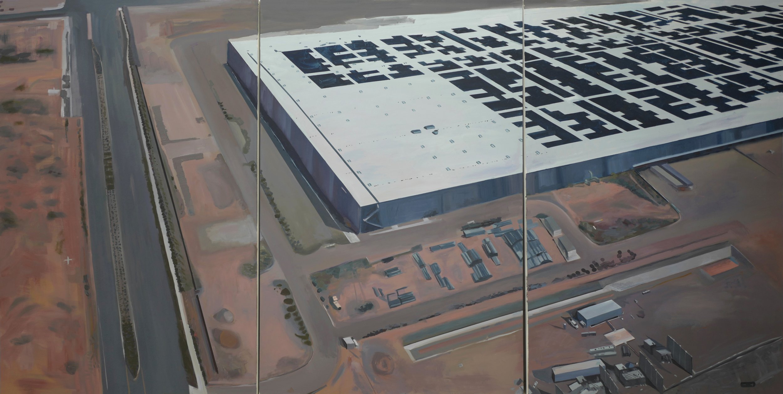 Tan Mu, Memory, 2019. Oil on canvas, triptych, 183 x 366 cm overall. Installation view.