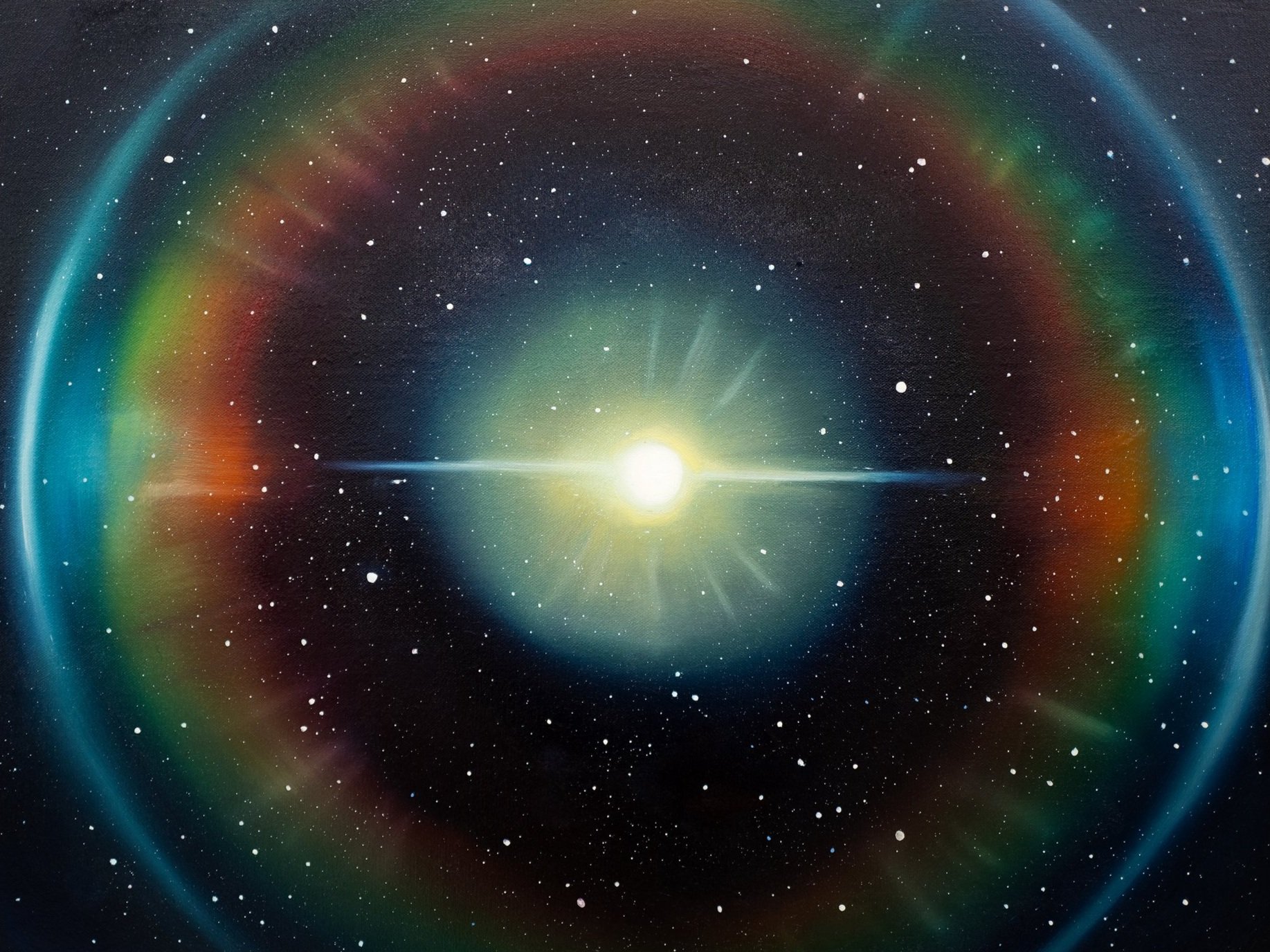 Observable Infinity, 2024, full view showing the radiant circular light of the cosmic iris against dark ground