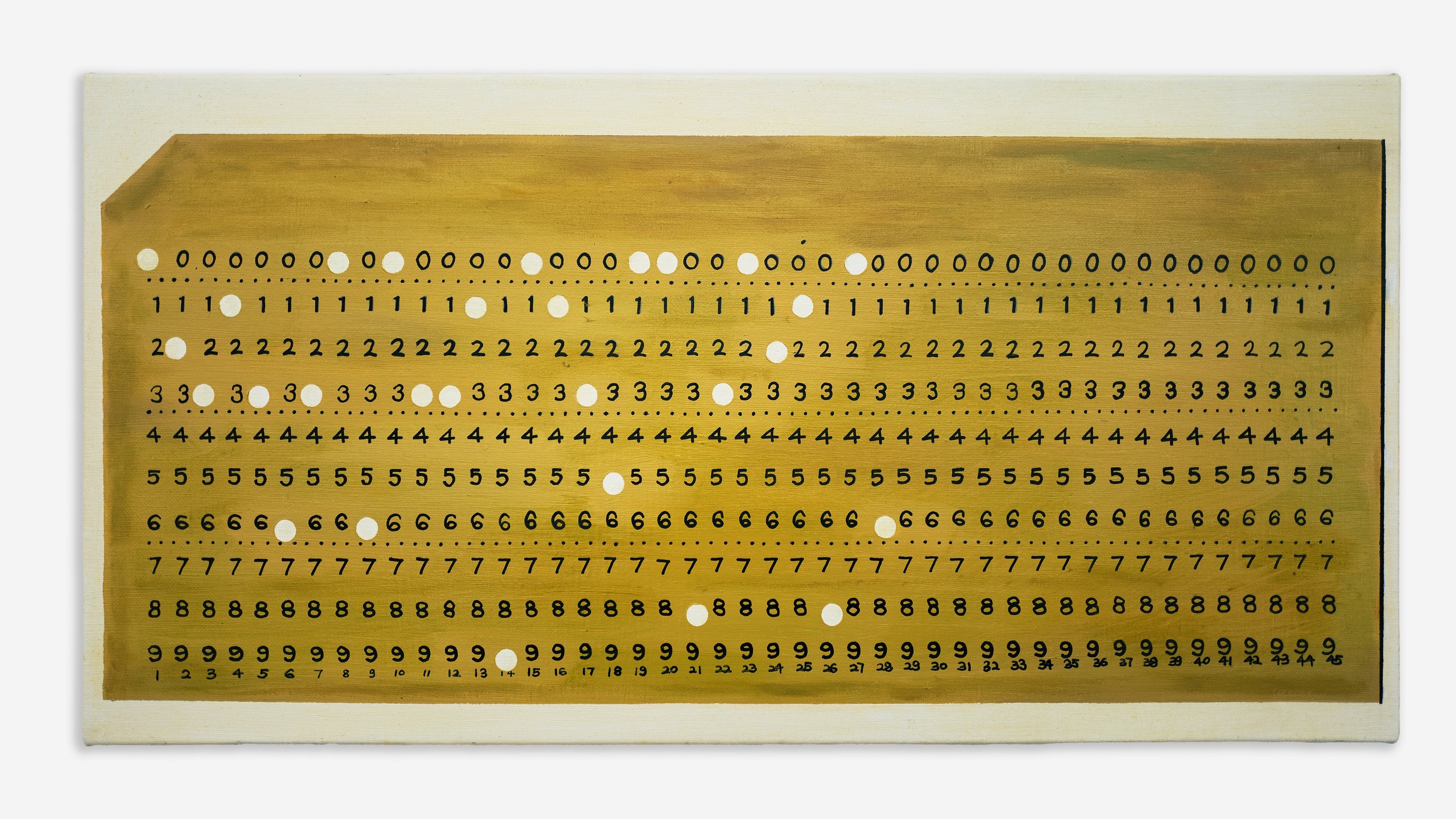 Tan Mu, Punched Card 1, 2022. Oil and acrylic medium on linen, 30 x 61 cm.
