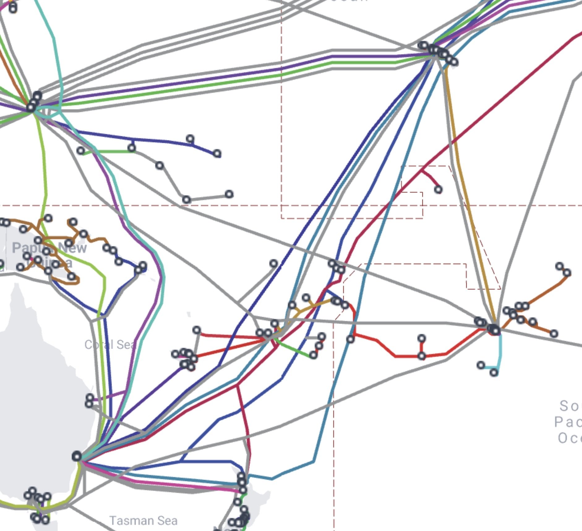 Detail of Signal: Submarine Network 07 (Australia), showing the South Pacific cable network