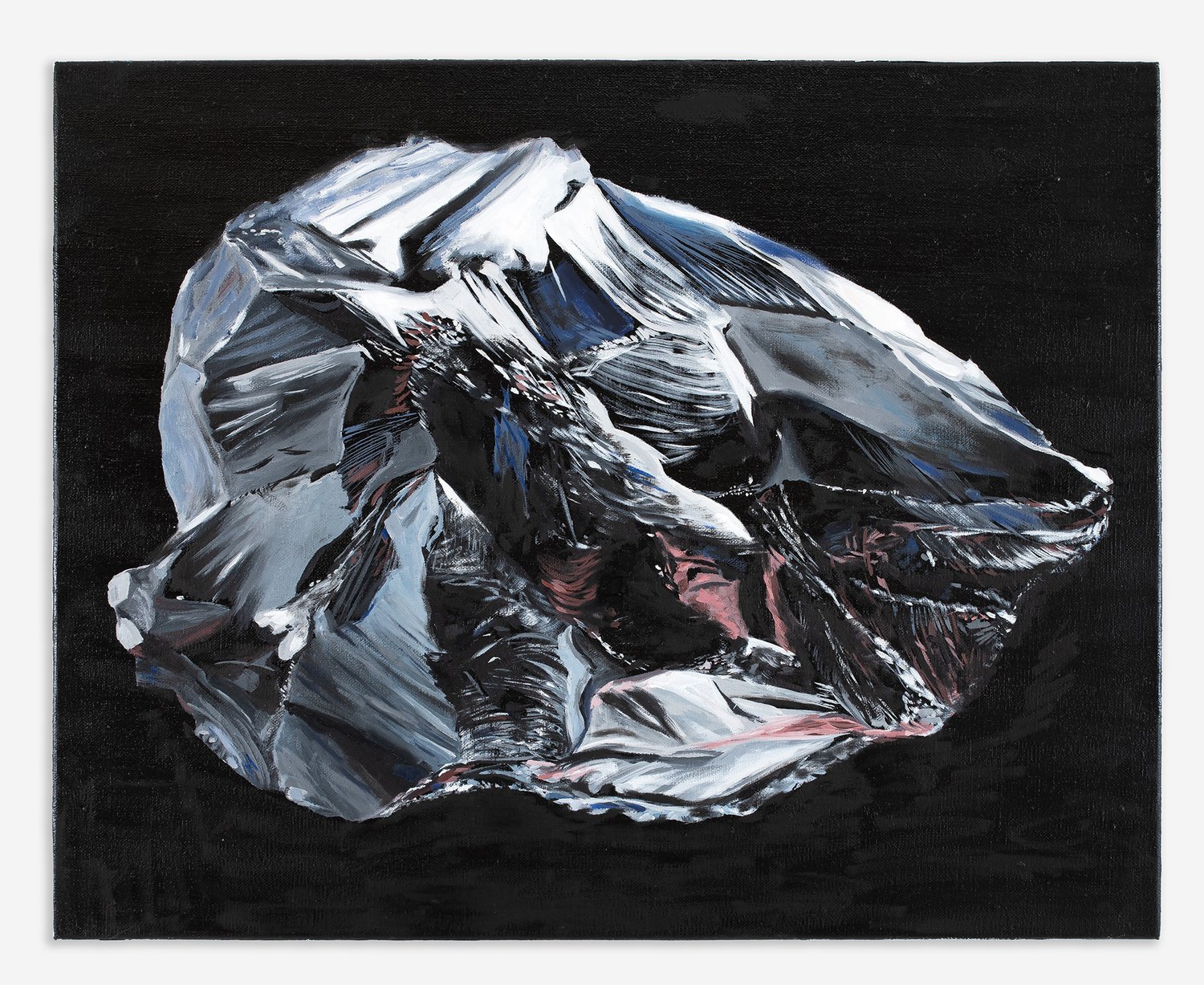 Silicon, 2021, detail showing flesh pink tones and jewel-like blue flickers beneath the cool metallic surface
