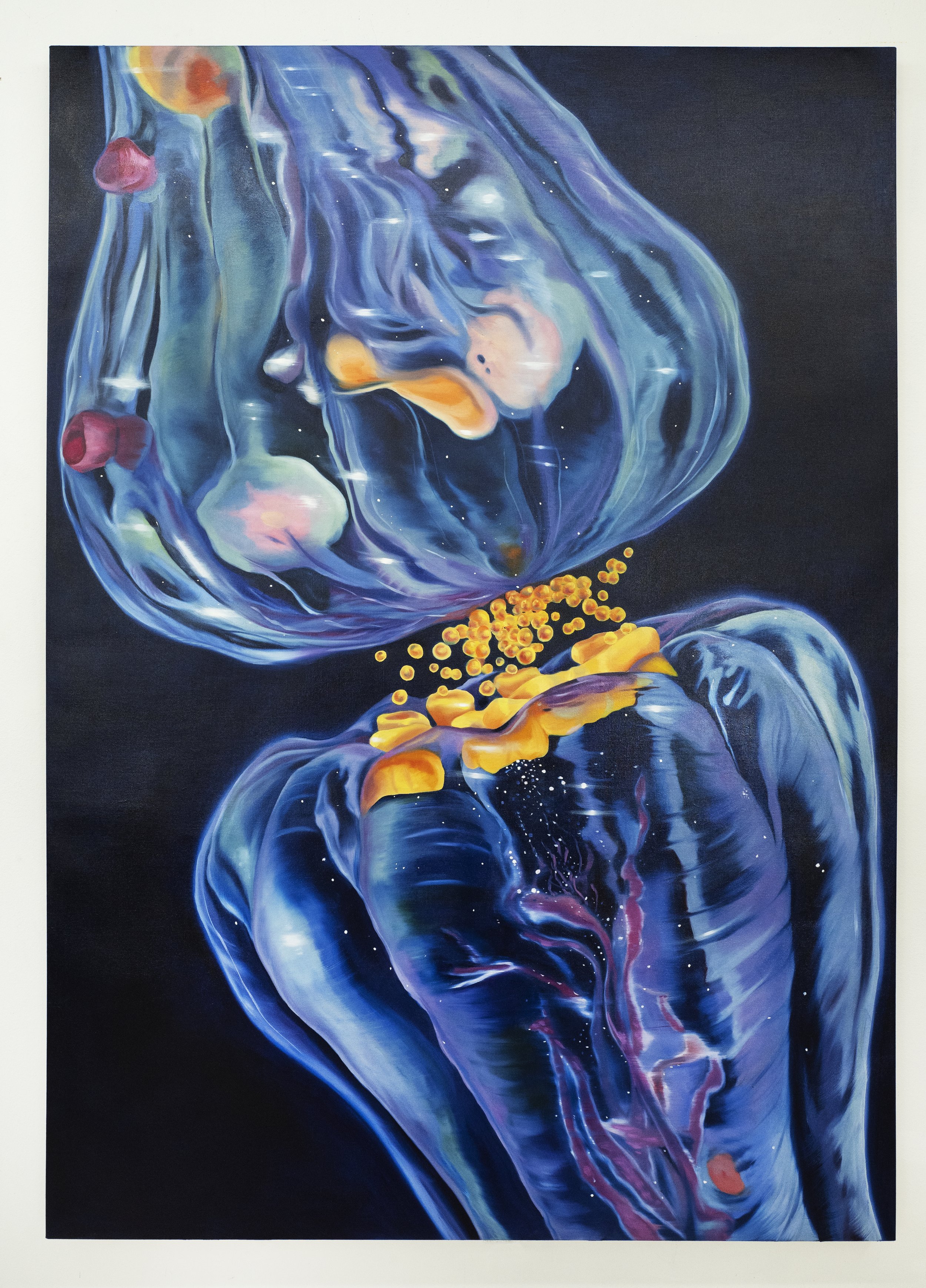 Tan Mu, Synapse, 2023. Detail of the yellow point field against the blue ground.