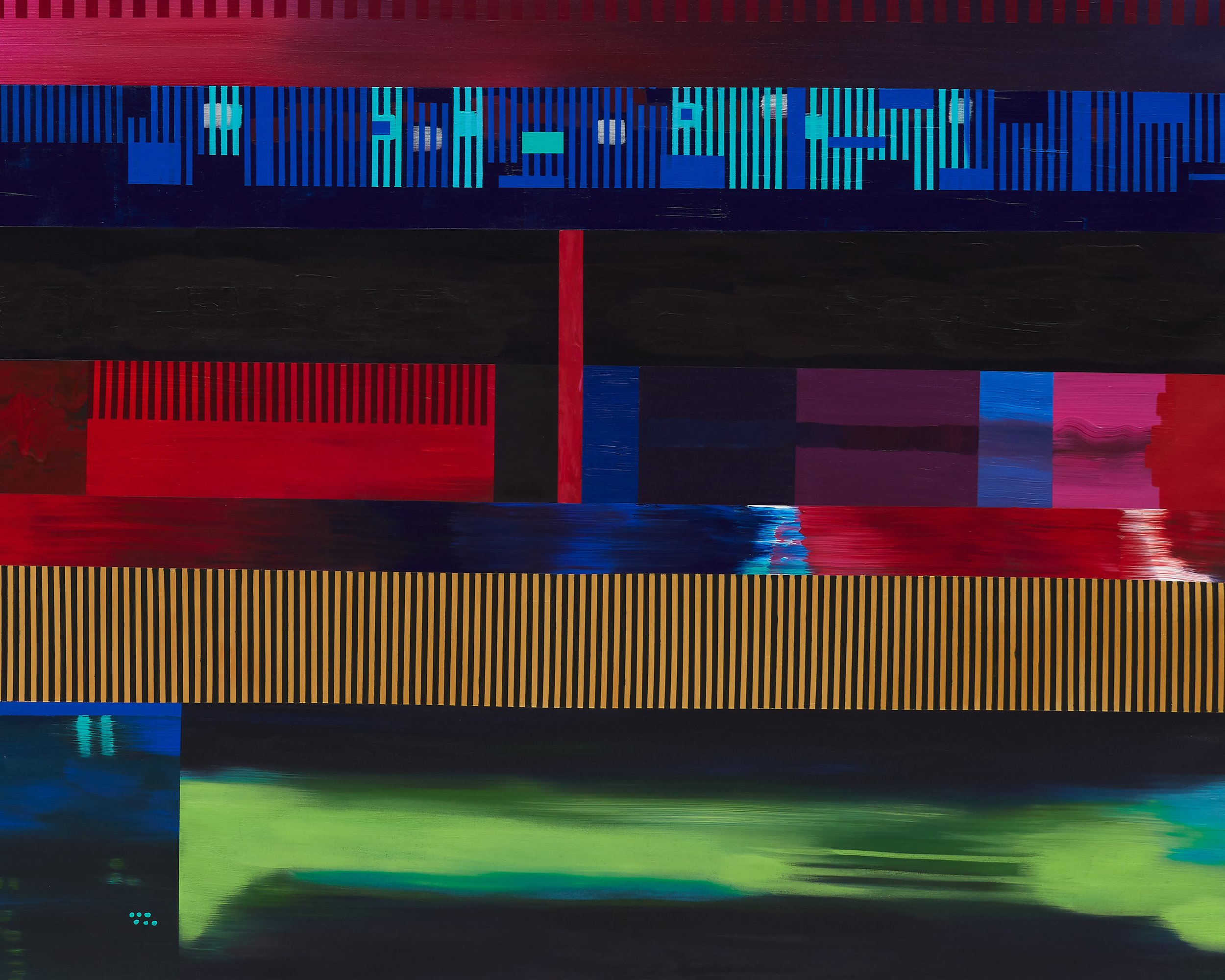 Detail of The Glitch 2023, showing hard-edged acrylic transitions and impasto passages.