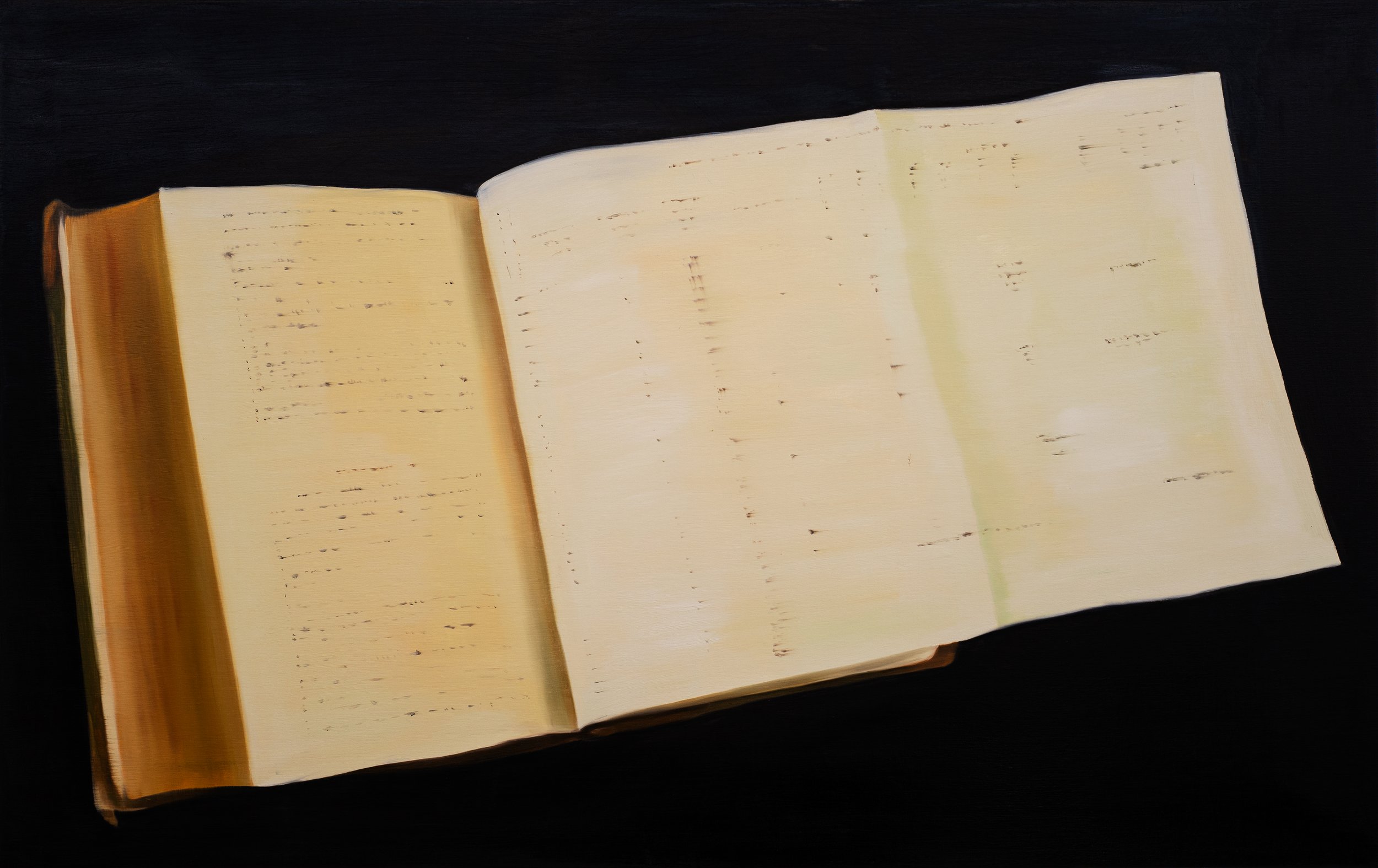 Tan Mu, The Note G, 2022. Detail showing blurred mathematical notation against black ground.