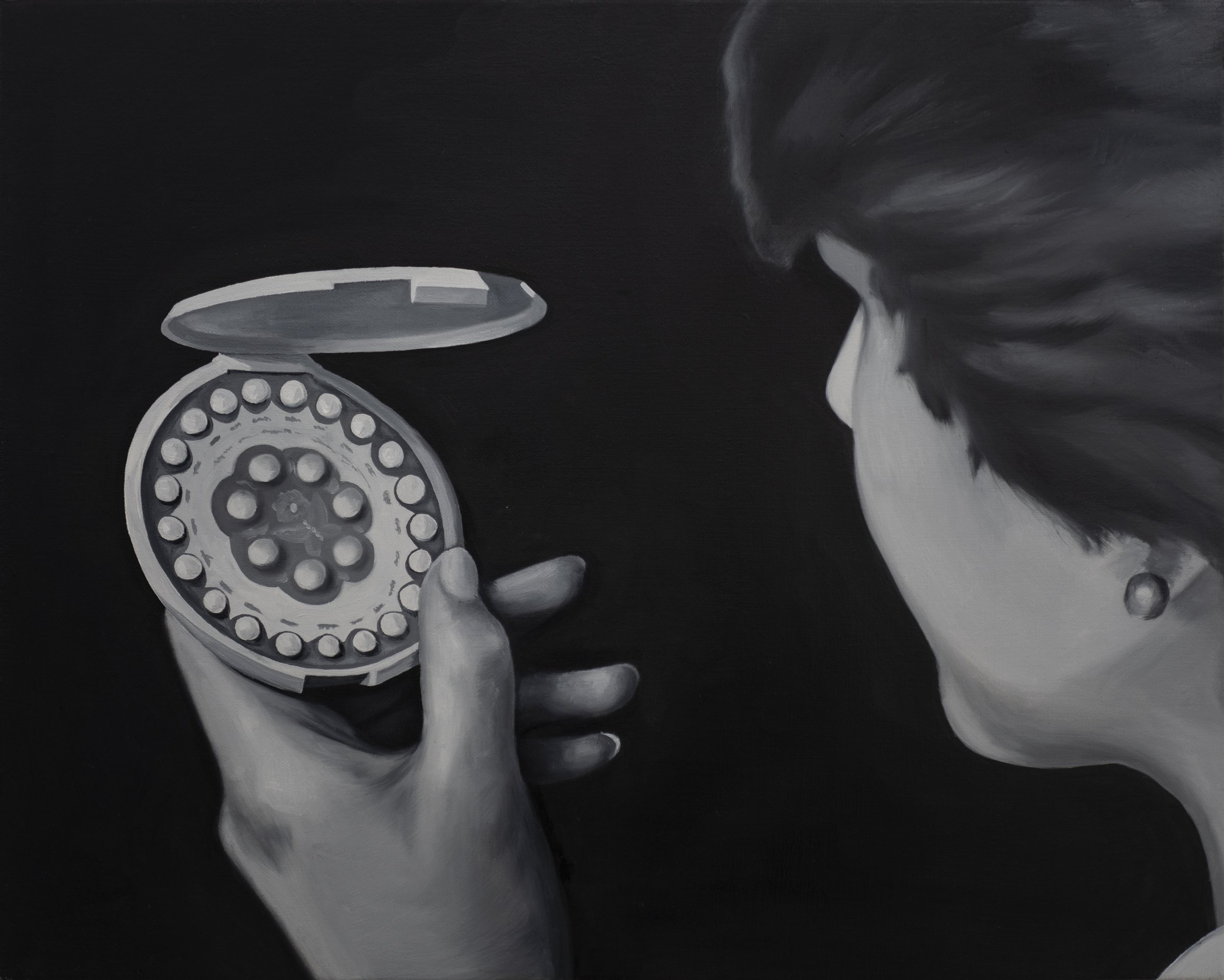Tan Mu, The Pill, 2021. Oil on linen, 41 x 51 cm.